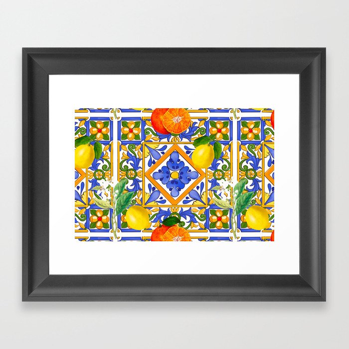 Summer ,Sicilian tiles ,citrus,oranges,majolica,lemons ,Mediterranean  Framed Art Print