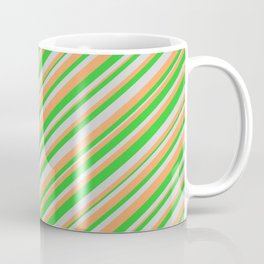 [ Thumbnail: Light Grey, Brown, and Lime Green Colored Stripes Pattern Coffee Mug ]