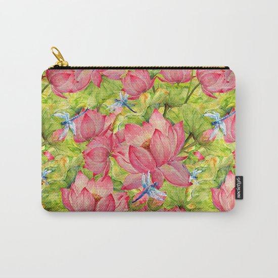 Floral Lotus Flowers Pattern with Dragonfly Carry-All Pouch