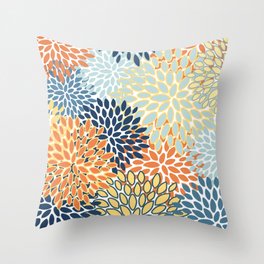 Modern, Floral Prints, Orange, Blue, Yellow Throw Pillow
