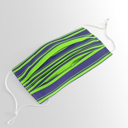 [ Thumbnail: Green and Midnight Blue Colored Lines/Stripes Pattern Face Mask ]