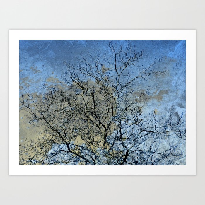 Vintage abstract leafless tree on blue sky Art Print