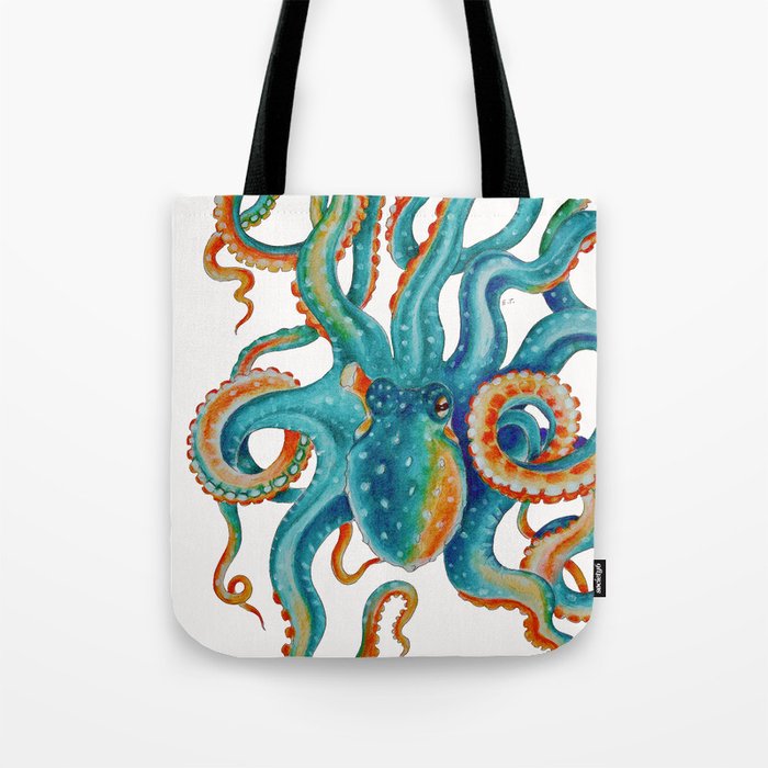 Octopus Teal Watercolor Ink Tote Bag