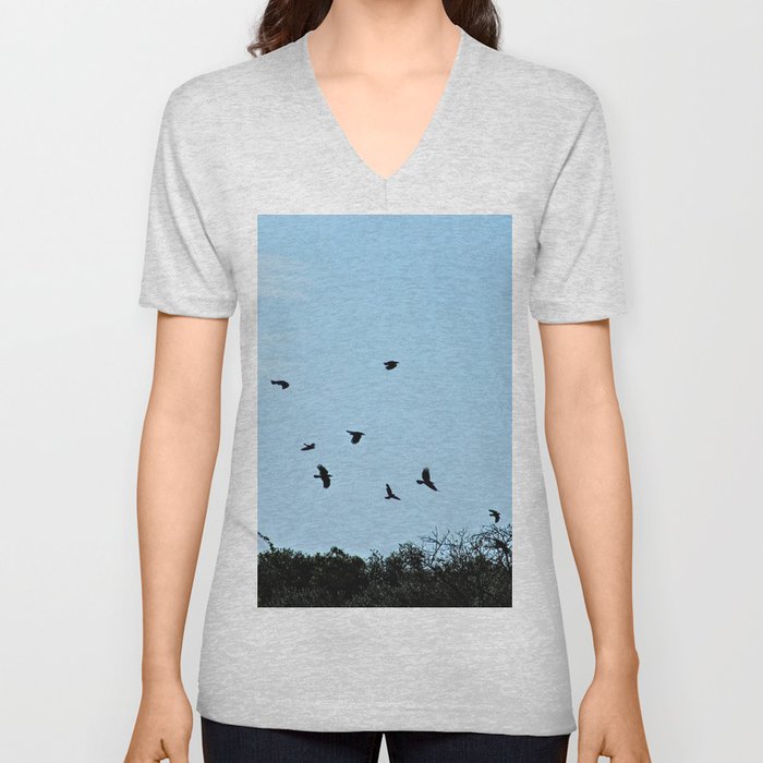 Ravens Flying Birds Over Trees V Neck T Shirt