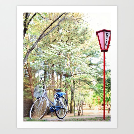 Bike, Cherry Blossoms, Red Lanterns in Park, Japan Art Print