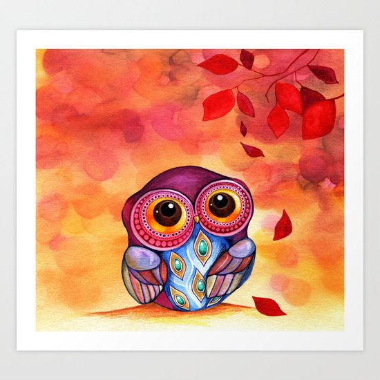 Owl's First Fall Leaf Art Print