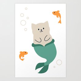 Mermaid Cat playing with Fish Art Print