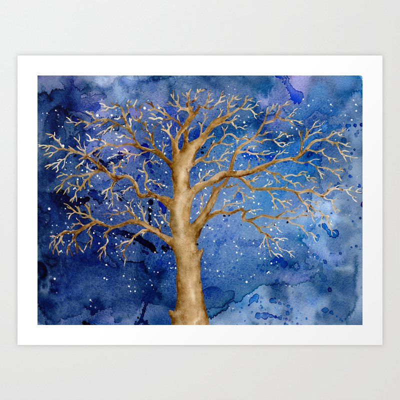 Watercolor Abstract Oak Tree Night Scene Art Print By Chengjing