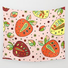 Seamless hand drawn childish pattern with fruits. Cute childlike strawberries with leaves Wall Tapestry