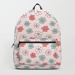 Cute Happy Colorful Smiling Daisies, Retro Smile Daisy Pattern in Soft Girly Pastel Blush, Pink and Mint Color Backpack