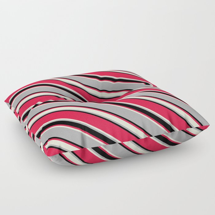 Crimson, Beige, Dark Grey, and Black Colored Lined/Striped Pattern Floor Pillow