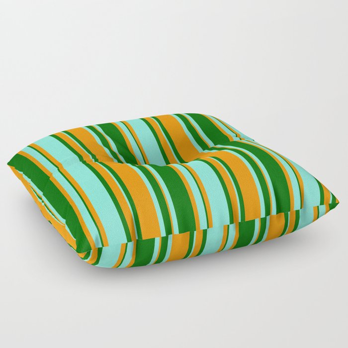 Dark Orange, Dark Green, and Aquamarine Colored Stripes Pattern Floor Pillow