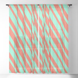 [ Thumbnail: Red & Aquamarine Colored Stripes Pattern Sheer Curtain ]