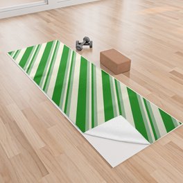 [ Thumbnail: Dark Sea Green, Green & Beige Colored Stripes/Lines Pattern Yoga Towel ]