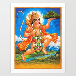 Lord Hanuman Lifting Mountain Art Print