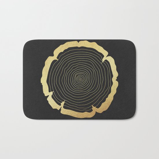 Metallic Gold Tree Ring on Black Bath Mat