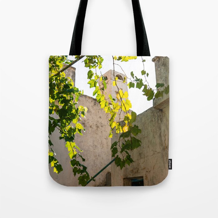 Nature filled Courtyard | Greek Scenery | Nature and Buildings, Summer Scene | Travel Photography in Naxos, Greece Tote Bag