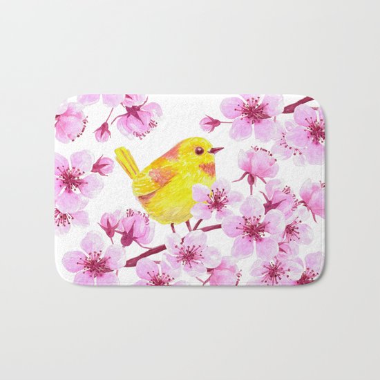 Cherry blossom and yellow bird Bath Mat