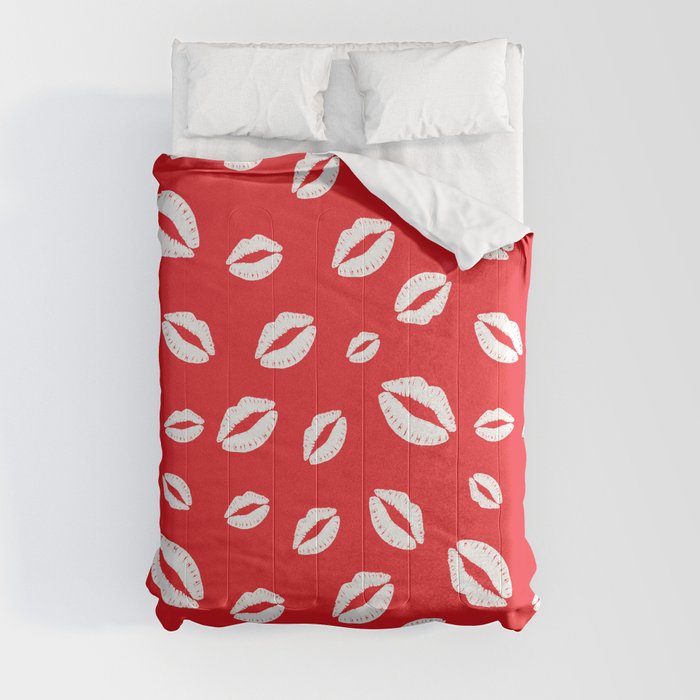 Lipstick kisses on red background. Digital Illustration background Comforter