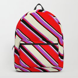 [ Thumbnail: Beige, Orchid, Red & Black Colored Striped/Lined Pattern Backpack ]