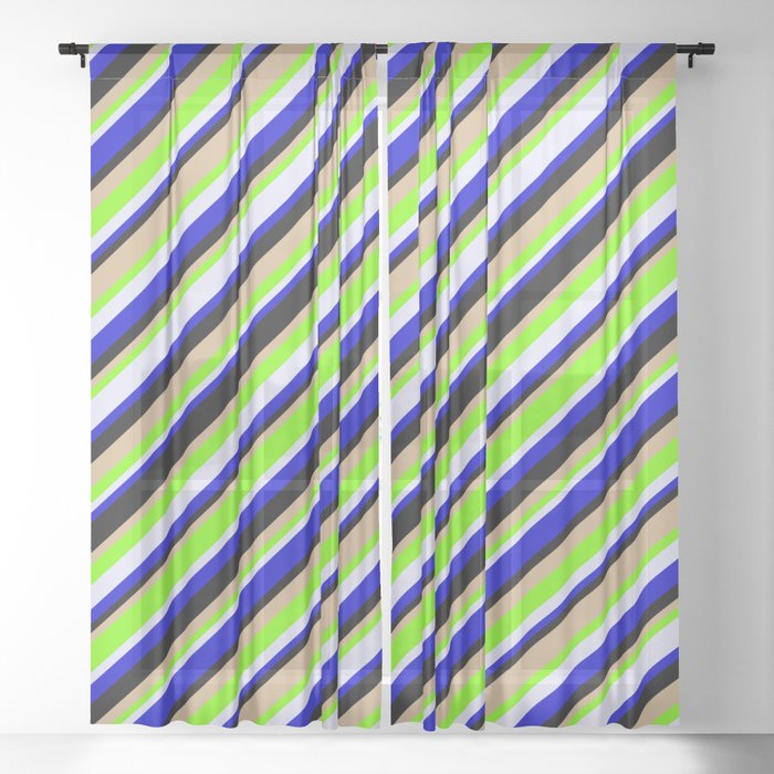 Eye-catching Green, Lavender, Blue, Black, and Tan Colored Lined/Striped Pattern Sheer Curtain