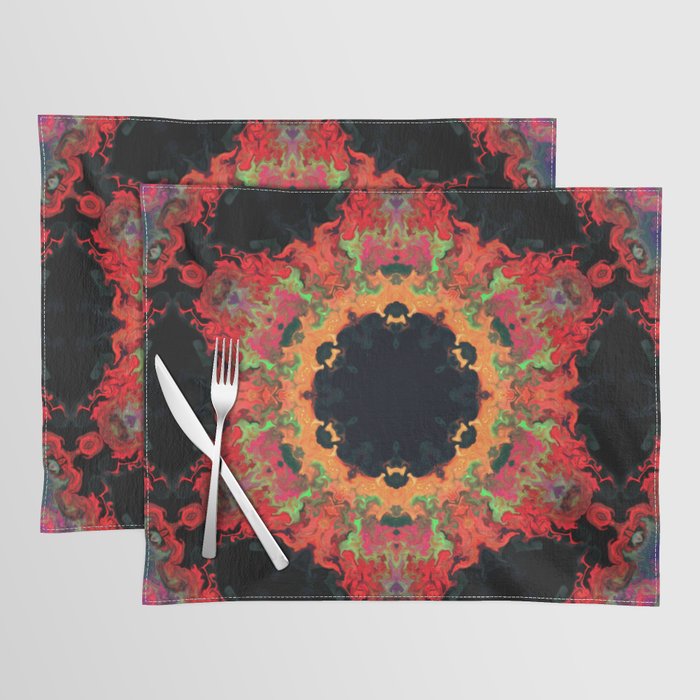 Psychedelic Kaleidoscope Flower Red Orange and Green Placemat