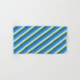 [ Thumbnail: Blue, Powder Blue, and Dark Olive Green Colored Lined/Striped Pattern Hand & Bath Towel ]