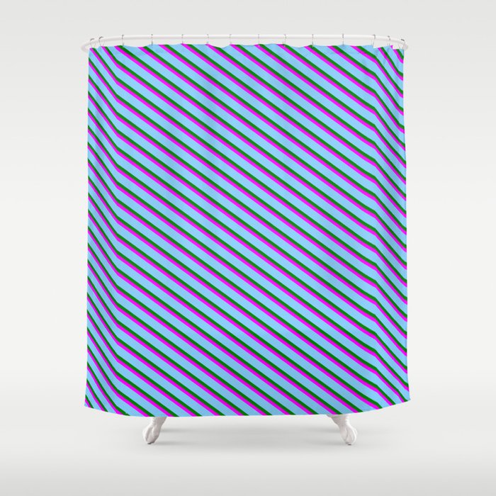 Green, Fuchsia, and Light Sky Blue Colored Striped/Lined Pattern Shower Curtain