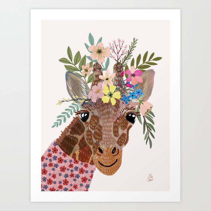Giraffe with flowers on head Art Print