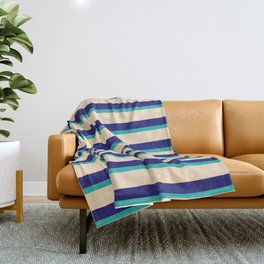 [ Thumbnail: Light Sea Green, Bisque, and Midnight Blue Colored Striped Pattern Throw Blanket ]