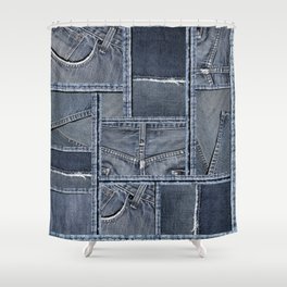Blue Jeans Denim Patchwork Pattern Shower Curtain