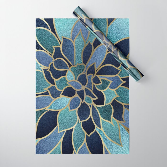 Festive, Floral Prints, Navy Blue, Teal and Gold Wrapping Paper