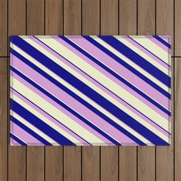 [ Thumbnail: Blue, Plum, and Light Yellow Colored Lines Pattern Outdoor Rug ]