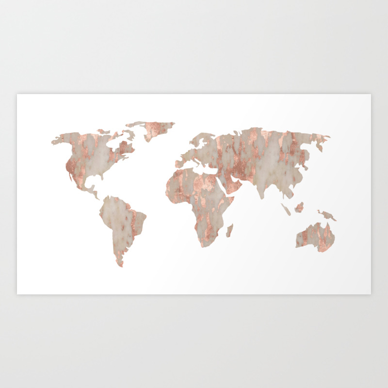 World Map Marble Rose Gold Shimmer Art Print By Mapmaker Society6