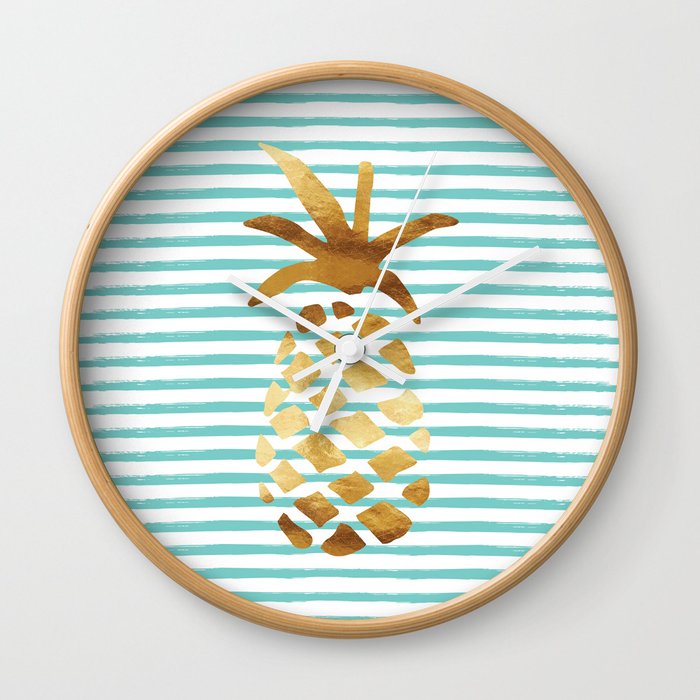 Pineapple & Stripes - Mint White Gold Wall Clock