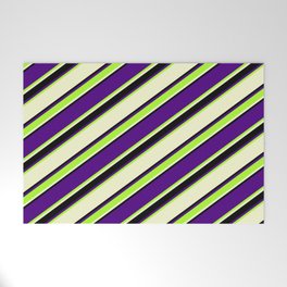 [ Thumbnail: Indigo, Light Green, Light Yellow, and Black Colored Stripes Pattern Welcome Mat ]