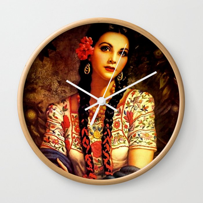 Jesus Helguera Painting Of A Mexican Calendar Girl With Braids Wall Clock By Patriciannek