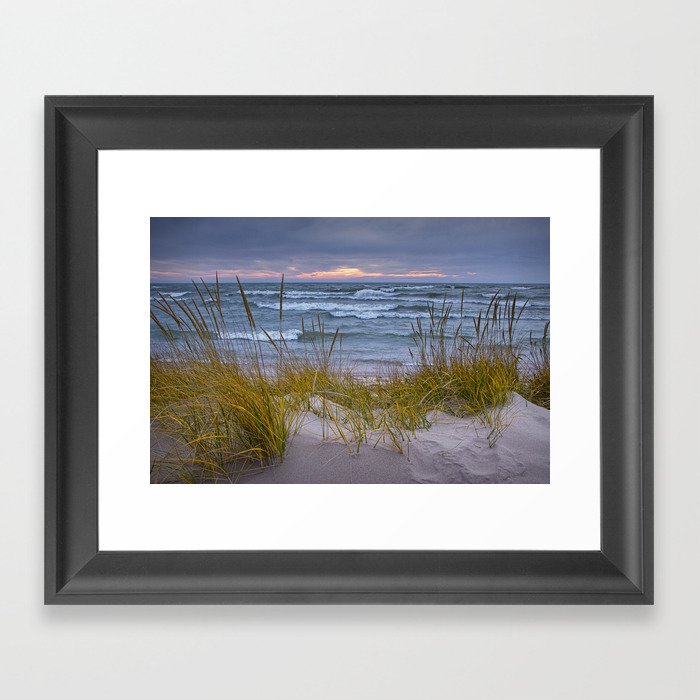 Lake Michigan Dune with Beach Grass at Sunset Framed Art Print