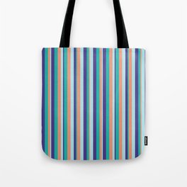 [ Thumbnail: Light Sea Green, Dark Slate Blue, Powder Blue, and Dark Salmon Colored Striped Pattern Tote Bag ]