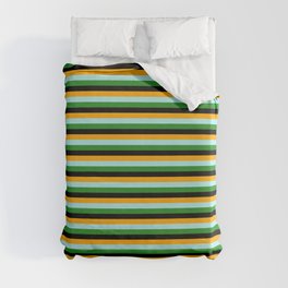[ Thumbnail: Orange, Turquoise, Forest Green & Black Colored Lines Pattern Duvet Cover ]