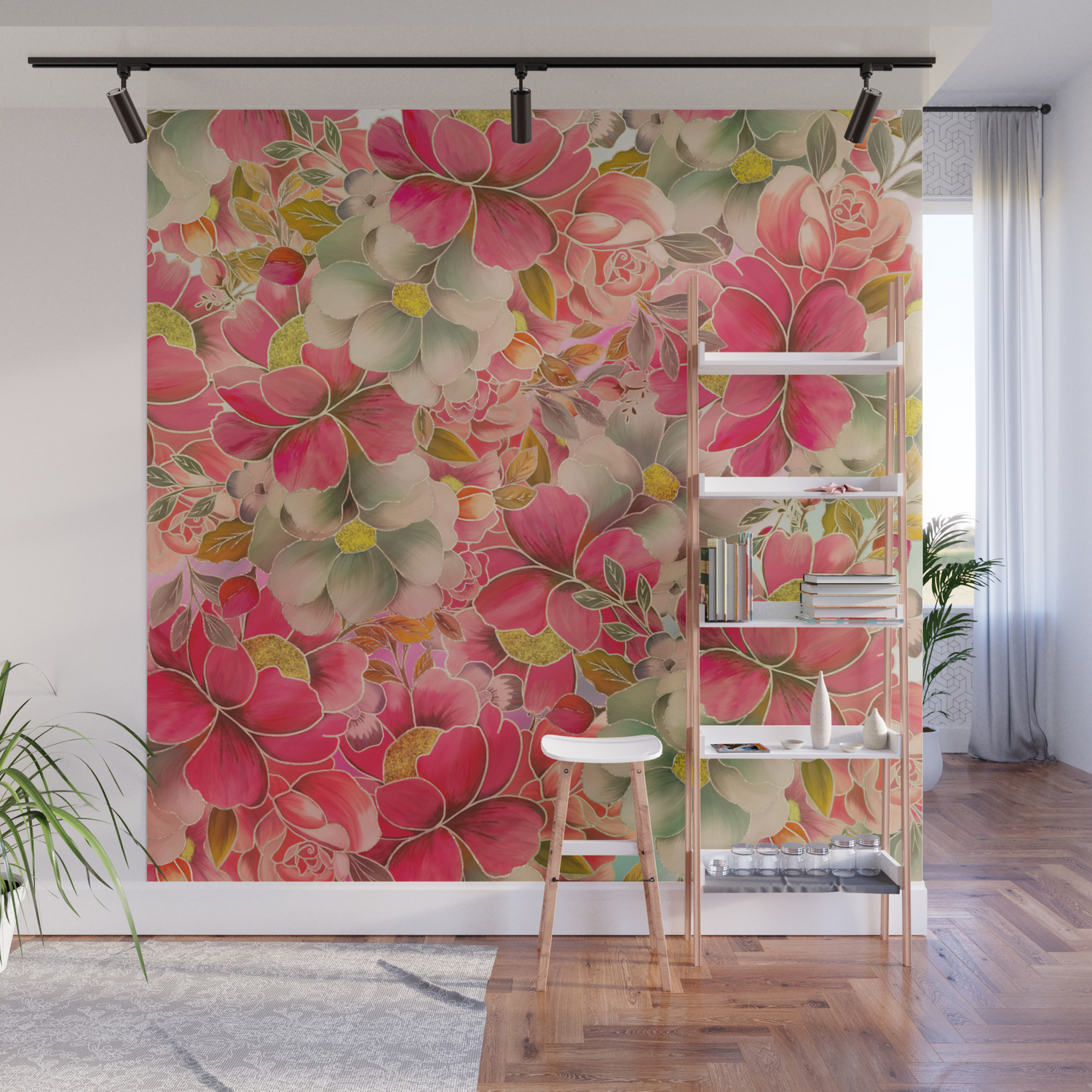 Download Modern Pink Mint Green Gold Watercolor Floral Wall Mural By Pink Water Society6