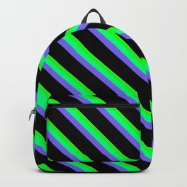 [ Thumbnail: Eye-catching Tan, Lime, Green, Medium Slate Blue & Black Colored Striped/Lined Pattern Backpack ]