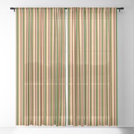 [ Thumbnail: Vibrant Dark Salmon, Brown, Beige, Chocolate, and Dark Green Colored Stripes Pattern Sheer Curtain ]