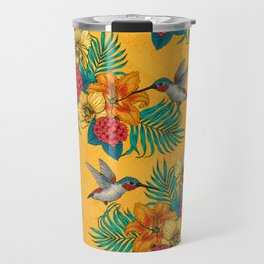 Hummingbirds and tropical bouquet in yellow Travel Mug | Floral, Pattern, Daylily, Orchid, Hydrangea, Hummingbird, Illustration, Tropical, Palm, Hortensia 