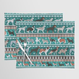 Fluffy and bright fair isle knitting doggie friends // pine and java green background brown orange white and grey dog breeds  Placemat