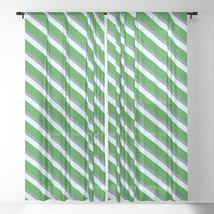 Slate Gray, Light Cyan, and Forest Green Colored Striped/Lined Pattern Sheer Curtain