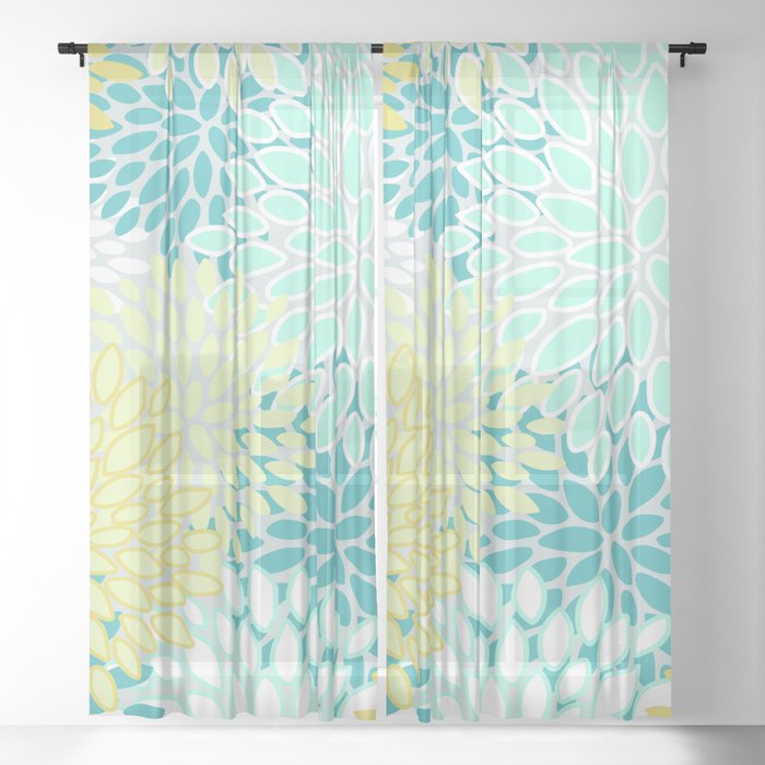 Floral Prints, Teal, Turquoise and Yellow Sheer Curtain
