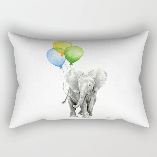 Elephant Watercolor Baby Animal with Balloons - Blue Yellow Green Rectangular Pillow