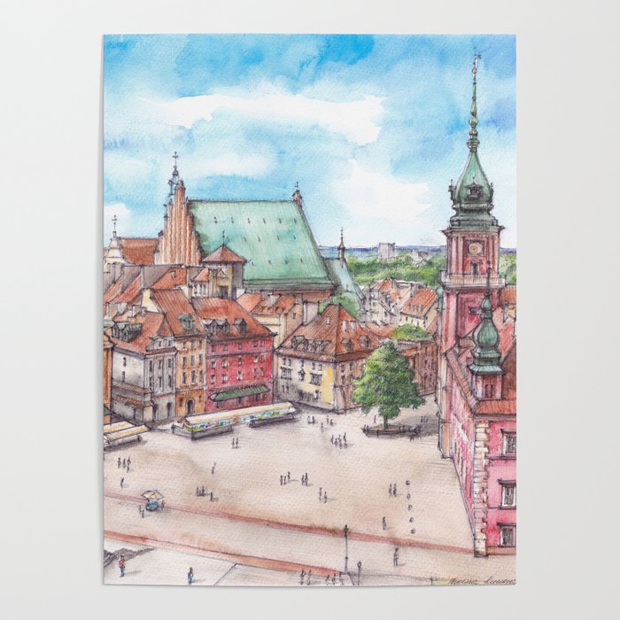 Warsaw Castle Square - aerial view - ink & watercolor illustration Poster