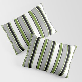 [ Thumbnail: Dark Gray, Green, White & Black Colored Lines/Stripes Pattern Pillow Sham ]